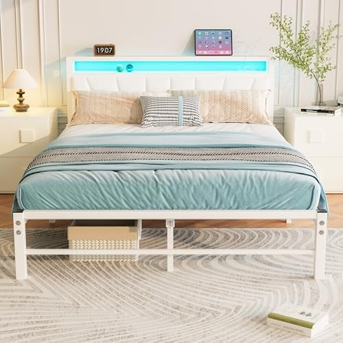 BORPHOM White Double Bed Frame with Storage and LED Lights,4ft6 Metal Platform Bed Frame Double Size Bed Base with Charging Station,Mattress Base,Strong Slats Support,Under-bed Storage,Noise Free