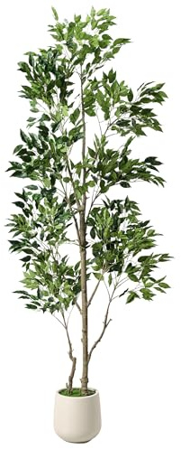 ZKIODV Ficus Artificial 210 cm, Árbol Artificial Grande con Maceta Blanca, Planta Artificial Realista Interior y Exterior, Tronco y Hoja Natural, Decoración Planta para Salón, Oficina, Comedor