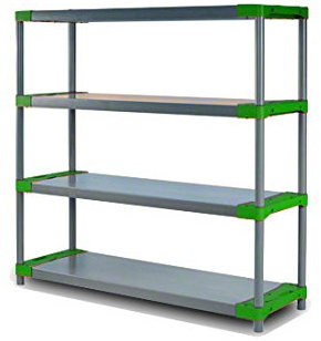 MODO24 Jupiter-4 Plastikregal, Kunststoffregal mit 4 Fachböden, freistehend, Wetterfest, Steckregal, Werkstattregal, Kellerregal, Lagerregal für Garage, Abmessungen 138x150x42 cm, Farbe: Grau-Grün