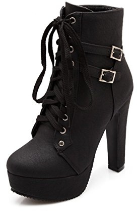 ForeMode Stivaletti da donna in pelle con tacco a blocco, alla moda, borchiati, cinturino alla caviglia, stivali punk, Nero-c-3, 37 EU