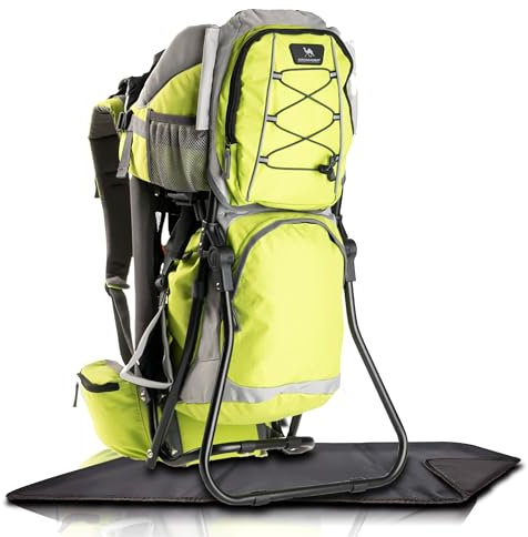 DROMADER Baby Kleinkind Wanderrucksack Trage Hippo | Kinder bis 22 kg | Verstellbarer Sitz | Bequem für Eltern | Praktische Taschen | Mit Sonnendach & Regenschutz | Alle Jahreszeiten | Limettengrün
