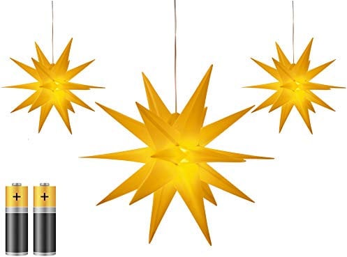 3er Pack 3D Leuchtstern Ø 25 cm - Weihnachtsstern mit warm-weißer Beleuchtung, für Innen und Außen geeignet, hängend, 100 cm Zuleitung, batteriebetrieben (gelb)