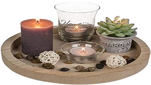 Out of the blue Piatto in Legno Color Naturale, Rotondo, con 2 portalumini in Vetro, 2 lumini, 2 Candele & Pietre Decorative, Home, Natura, 23 cm