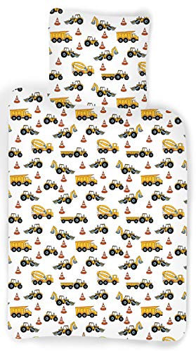 BrandMac ApS Bettwäsche Baustelle für Baby oder kleines Bett – Bettbezug 100 x 135 cm + Kissenbezug 40 x 60 cm, LKW, Kran, Bagger, Bulldozer