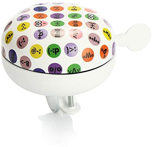 com-four® Fahrradklingel XXL - Große Klingel für Fahrräder - Fahrrad-Klingel für Lenker mit Ø 22 mm (weiß mit Icons - 1 Stück)