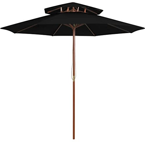 vidaXL Parasol à Deux Étages avec Mât en Bois, Pare-soleil de Patio, Abri de Soleil, Parasol de Plage Jardin Terrasse Balcon, Noir 270 cm