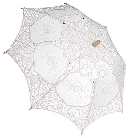 Tissting Weißer Vintage Spitzenschirm, Elegante Spitze Hochzeitsschirm Brautschirm Verzierter Regenschirm für Mädchen Party Dekor Tanz Fotografie Prop Fotoshooting