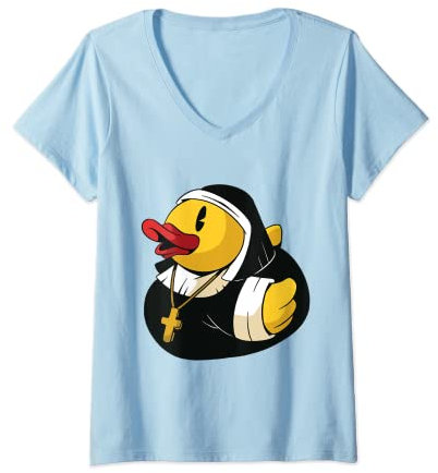 Damen Badeente, Nonne Kloster Humor Christen Gummiente T-Shirt mit V-Ausschnitt