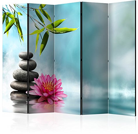 murando - Paravent intérieur Acoustique 225x172 cm - Séparateur de pièce avec Isolation phonique, Panneau insonorisant pour Bureau -Zen bambous Pierre Fleurs lys Nature Bleu Orient b-B-0192-z-c
