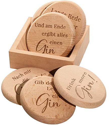 Spruchreif · Bierdeckel mit Gin-Sprüchen aus hochwertigem Buchenholz · 2in1 Untersetzer und Deckel · 6er Set Glasabdecker inklusive Holz-Ständer · Geschenkideen aus Holz