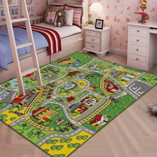 Booooom Jackson Kinder Spielteppich 133x190 cm Spielmatte Straße zum Fahren von Spielzeugautos Spielzeugautos auf Kindern Lernteppich zum Thema Straßenverkehr rutschfeste
