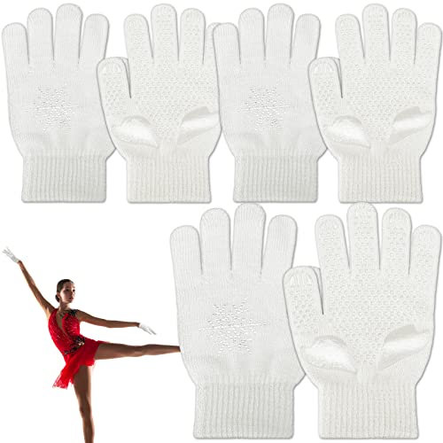 Jiuguva 3 Paar Eiskunstlauf-Handschuhe, Eiskunstlauf-Zubehör, Handschuhe mit Schneeflocke, Strass, Strickhandschuhe für Kinder und Mädchen