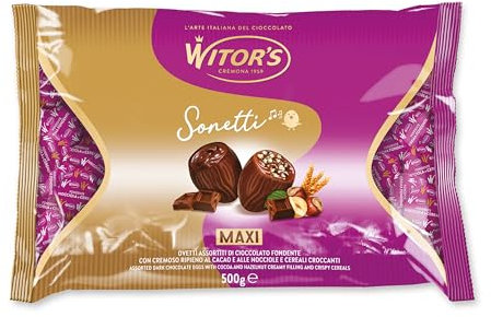 WITOR’S - Sonetti Maxi - Cioccolatini Assortiti Ripieni di Crema al Cacao e Crema alle Nocciole - Ovetti di Cioccolato Finissimo - Snack Dolci di Cioccolato Fondente - Busta da 500gr