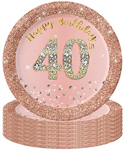 POPOYU 16 Stück Pappteller 40. Geburtstag Frauen,7 Zoll Pappteller 40. Geburtstag Rosa,Pappteller.40 GeburtstagRosegold,Paper Plates 40th Birthday,Roségold Party Dekor für Frauen GeburtstagParty