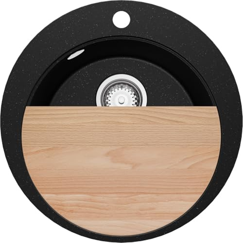 PRIMAGRAN Spülbecken ab 45er Unterschrank + Ablauf-Set, 50x50cm | Set: Ablauf-Set (Siphon, Ablaufgarnitur, Überlauf) + Schneidebrett + Granitspüle 1 Becken - Piza Top, Schwarz Metallic