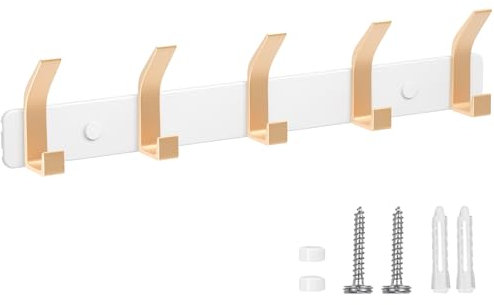 TENXSNUG Kleiderhaken Wand Garderobenleiste, Rostfrei Hakenleiste Garderobe Garderobenhaken Wandhaken mit 5 Haken, Wandgarderobe Gaderobenhakenleiste Jackenhalter für Küche, Weiß + Gold