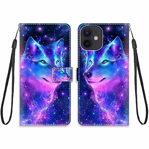 KARTXITAI Hülle Kompatibel mit iPhone 12 mini,Leder Handyhülle mit Kartenfach Geld Slot Ständer PU Ledertasche Wallet Flip Magnetische Muster Schutzhülle-Wolf,bunt