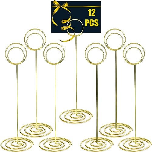 LATERN 12 Pièces Porte-Numéros de Table, 22CM Grand Porte-Cartes Supports pour Tableaux en Fil Métallique pour Lieu Menu Mémo Nom Cartes dans Mariage Fête Réception Restaurant Maison Bureau (Dorés)