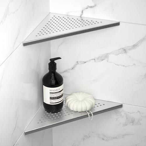 Bernkot Corner Shower Shelf 2 Pack, 304 Stainless Steel Grout in Shelves for Bathroom, 10'' Recessed Shelf Rack for Tiled Wall, No Drilling Needed (10'', Silver)