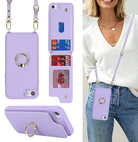 Havaya Cover per iPhone 7 con cordino RFID Porta Carte Cover per iPhone 8 con cordino Ring portafoglio Custodia per SE(2020/2022) - Viola