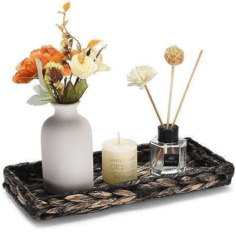 QSIDE Decorative Tray Rectangular Braided – Grey – 30 x 13 x 3.5 cm – Sustainable Made of Pumpkin Grass – Decorative Bowl – Bathroom Decoration – Key Tray – Boho Decoration – Wicker Basket – Storage