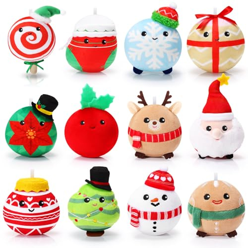 Aoriher 12 Stück Weihnachten Plüsch Ornamente 8 cm Plüsch Spielzeug Set Weihnachtsmann Elch Schneemann Lebkuchenmann Weihnachtsbaum Schneeball Schneeflocke Puppen Geschenkbox für Party Geschenke