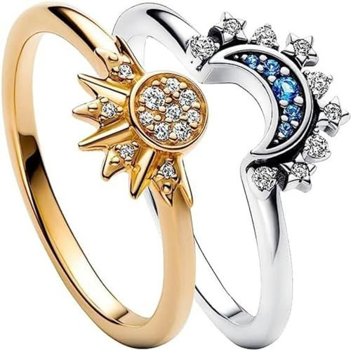 NEDOES 2 Stück Sommer-Paarring-Set, himmelblau, funkelnder Mond und Sonne, Ring für Damen, stapelbarer Fingerschmuck