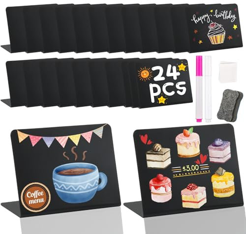 DONQL 24PCS Mini Chalkboard Signs with Stand, Mini Blackboards 10 * 7.5cm, Small Chalkboard Signs, Price Tags for Display, Food Labels for Buffet with Pens,Eraser,Cloth for Wedding Birthday Party