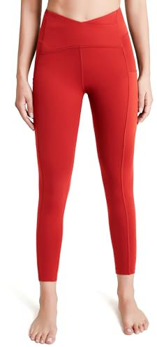 QUEENIEKE Sport Leggings Damen V Cross High Waist Yogahose Lang Sportleggings Blickdicht Bund Bauchkontrolle Leggins mit 3 Taschen Gym Yoga Fitness Farbe Hellrot Größe XS