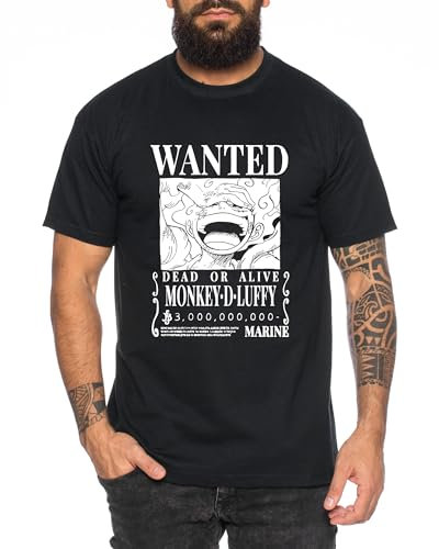 Wanted Luffy - Herren T-Shirt Straw Hat Luffy Zoro One Monkey D. Pirat Ace Piece Goku Anime Ruffy, Größe:L, Farbe:Schwarz