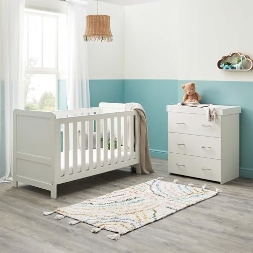 Babymore Caro 2 Piece Nursery Room Set White Wash - 1 Baby Cot Bed & 1 Chest Changer With 3 Double Handle Drawers, Wooden Chest Of Drawer Storage Cabinet | 2 Piece Caro Nursery Room Furniture
