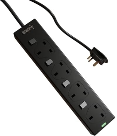 rhinocables 4 Gang Individually Switched Mains Extension Lead (2m, Black) | 4 Gang Individually Switched Mains Extension Lead Cable, Surge Protected Power Strip Extender with 4 Sockets and Cord