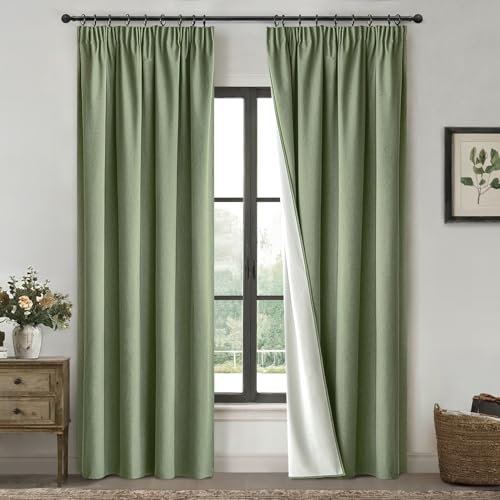 MIULEE 100% Blickdichte Vorhänge mit Kräuselband Leinenoptik, Verdunkelungsvorhang Gardinen Thermovorhang Kälteschutz Fenster Wohnzimmer Modern Schlafzimmer Balkontür, 2er Set,140X260CM, Grüner