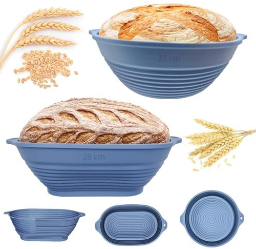LOULANLUXE Silikon Gärkörbchen für Brot, 28 cm Gärkorb Oval und 25 cm Gärkorb Brot Rund, Faltbarer, Verbesserte Stabilität, mit Aufhängeloch, Leicht Zu Reinigen (Blau)