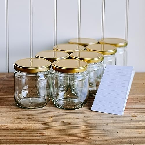 OOPS TOYS 540 ml Einmachgläser mit schraubdeckel mit Deckel Gold 16 Stk.- Einweckgläser mit Etiketten - Schraubgläser mit Deckel - gläser - Einmachglas - Marmeladengläser (16 Stk.)