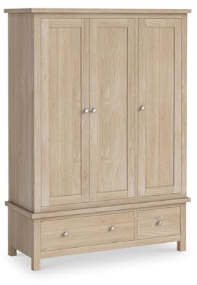 RoselandFurniture Farrow Oak Triple 3 Door Wardrobe for Bedroom with Drawers | Large Contemporary Washed Oak Solid Wood Closet Storage Solutions Unit with Hanging Rail