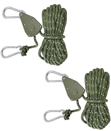 UILYNIU 2 Pcs 4M Reflective Tent Guy Ropes with Pulley Heavy Duty 1/8 4mm Tent Guide Ropes with Aluminum Adjuster Hanging Basket Pulley Tent Accessories Tow Rope for Awning Camping (Armygreen, 4M)