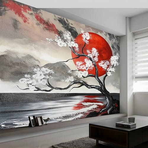 Photo Wallpaper Charcoal, Japanese Style Red Sun Seaside Wall Mural Photo Wallpaper, for Living Room Bedroom & Children's Room Wall Decor, 450 x 315 cm (W x H) Art Photo Wallpaper 3D Effect