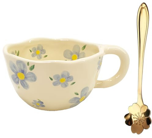 300mL Mugs for Women,Handmade Cute Mug,Ceramic Coffee Cup,Kawaii Coffee Cup Cute Mugs with Spoon,Aesthetic Flower Ceramic Mugs for Tea,Milk,Cappuccino,Cocoa,Mug Gift for Women,Girls,Mum (Blue)