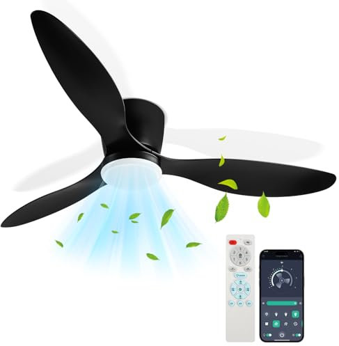 Fiqops Ventilatore da soffitto con illuminazione 132 cm, lampada da soffitto con ventilatore telecomando e app, 6 velocità, dimmerabile, timer, funzione inversa per camera da letto, soggiorno, nero