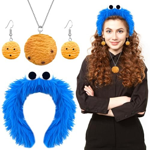 GreenYeah Cookie Monster Haarreif, Haarreif Monster Blau, Cookie Halskette, Cookie Ohrringe, Krümelmonster Stirnband mit Kulleraugen, Damen Kinder Kostüm Karneval, Fasnacht Motto Cosplay Accessories