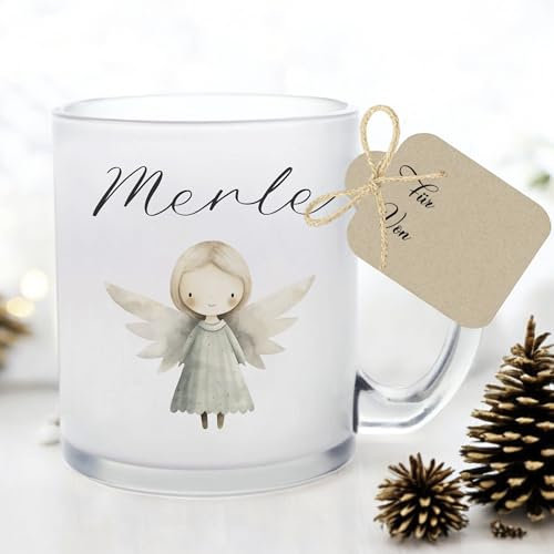 Manufaktur Liebevoll I Tasse Weihnachten Glastasse Glühweintasse mit Namen Weihnachtstasse personalisiert Tasse Nikolaus Weihnachtsgeschenke Kinder Glühwein Tasse Frauen Kollegin Engel (Merle)