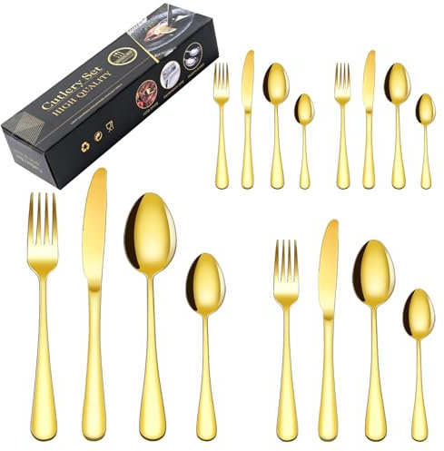Gold Silverware Cutlery Set 16 Pieces, Premium Stainless Steel Flatware Set,Kitchen Utensils Tableware Set Including Knives/Forks/Spoons Service for 4, Mirror Polished,Dishwasher Safe(Gold/16Pieces)