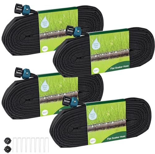 Hourleey Flacher Tropfschlauch, 60 m für Garten, 60 m (50 Fuß x 4), verbindbarer konsistenter Tropfbewässerungsschlauch, auslaufsicher, zweilagiges Design, spart 80 % Wasser, Gartensystem