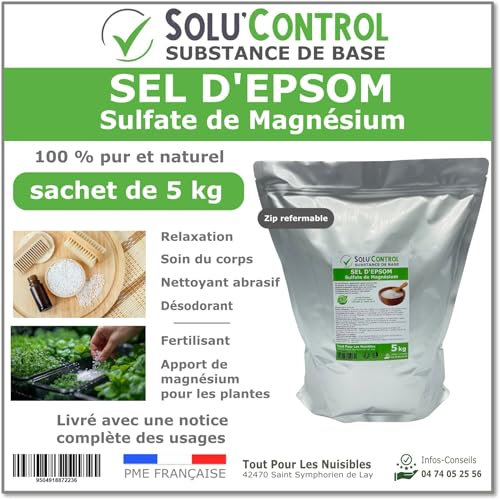 Sel d'Epsom 5 kg - Solu'Control - Sulfate de Magnésium 100% Pur et Naturel - Relaxation, Soin du Corps, Déodorant, Fertilisant et Apport en Magnésium pour Plantes - Sachet avec Zip Refermable
