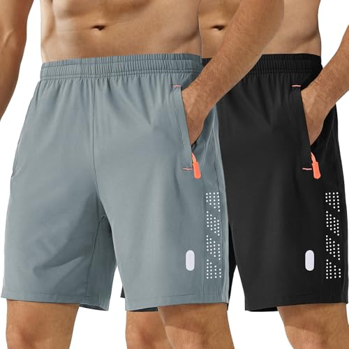 kuzwufs Sport Homme en Shorts Lot De 2 Course d'Entraînement Court Leger Respirant Fitness Short pour Cyclisme Basket-Ball Noir/Gris Clair-XXL