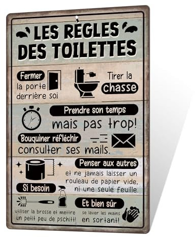 Plaque Décorative Murale en Aluminium pour WC et Toilettes, Style Humoristique (Les Régles des Toilettes)