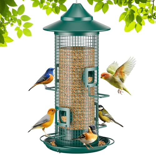 Jarkyfine Vogelfutterhaus mit Metallnetz zum Aufhängen, im Freien, Eichhörnchen, kaufester Vogelfutterhaus, rostfrei, 4 Ports, großes Fassungsvermögen, einfach zu befüllen, für