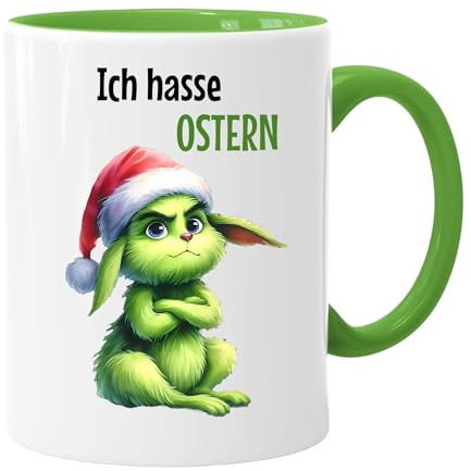 Lustige Oster-Tasse, 'Ich hasse Ostern', 330ml, Grün-Weiß, Spülmaschinenfest, mit Grinchmotiv und Spruch, Geschenkidee zu Ostern (Grün)