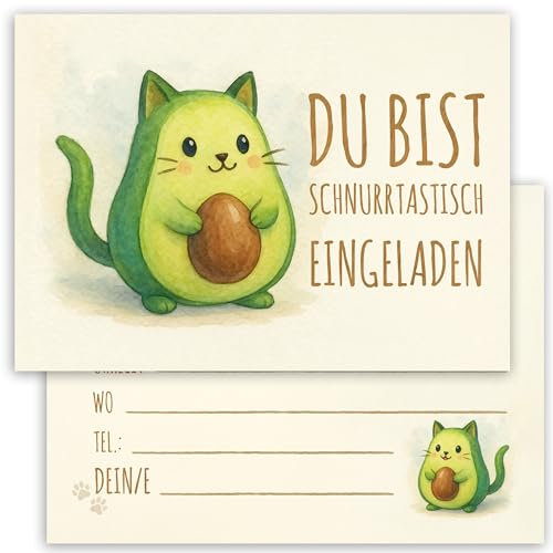 10x Kinder Einladungskarten Einladung Kindergeburtstag Avocado Katze Party Katzen Mädchen Jungen Geburtstagsfeier Geburtstag Einschulung